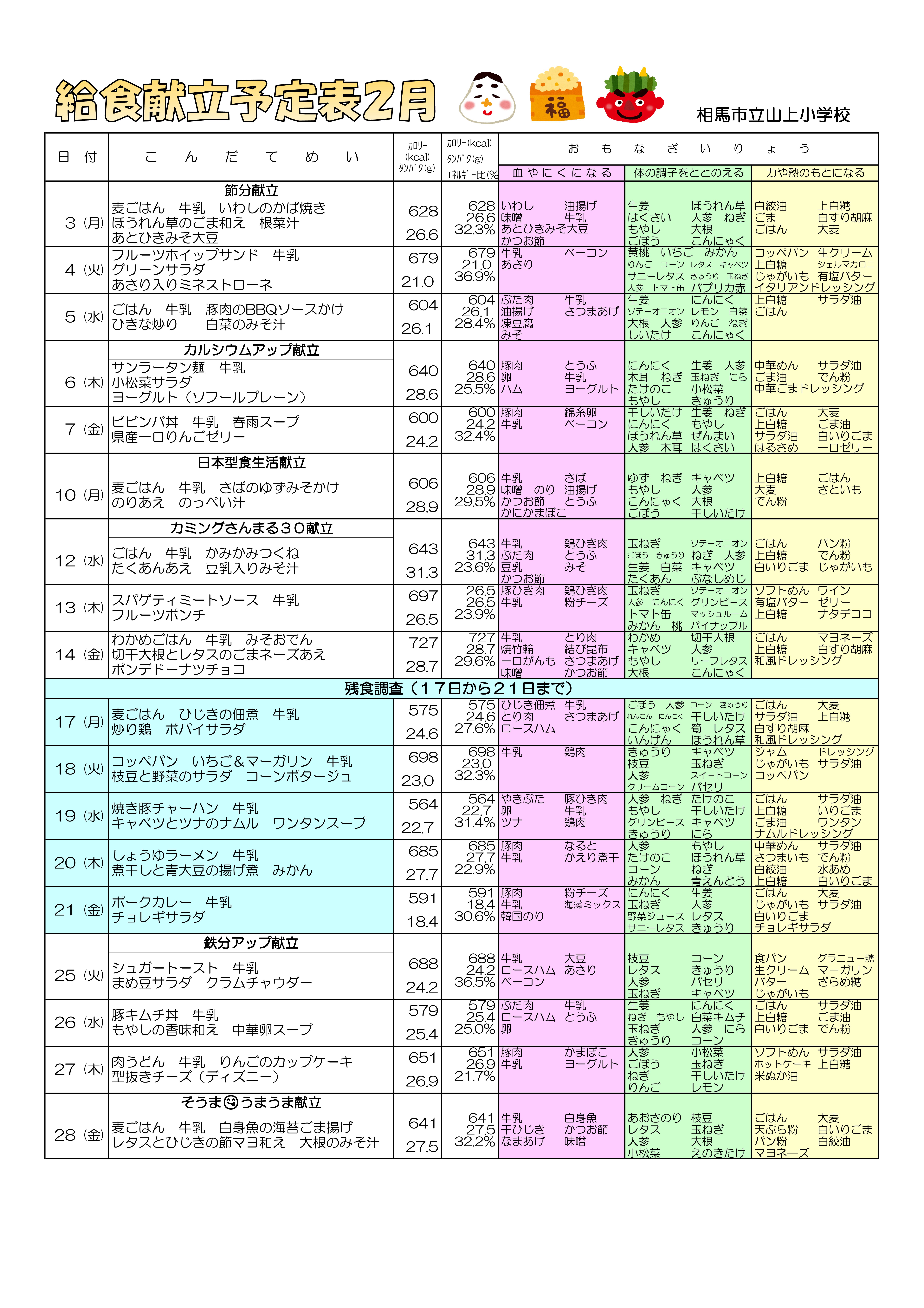 【山上小】給食献立予定表２月