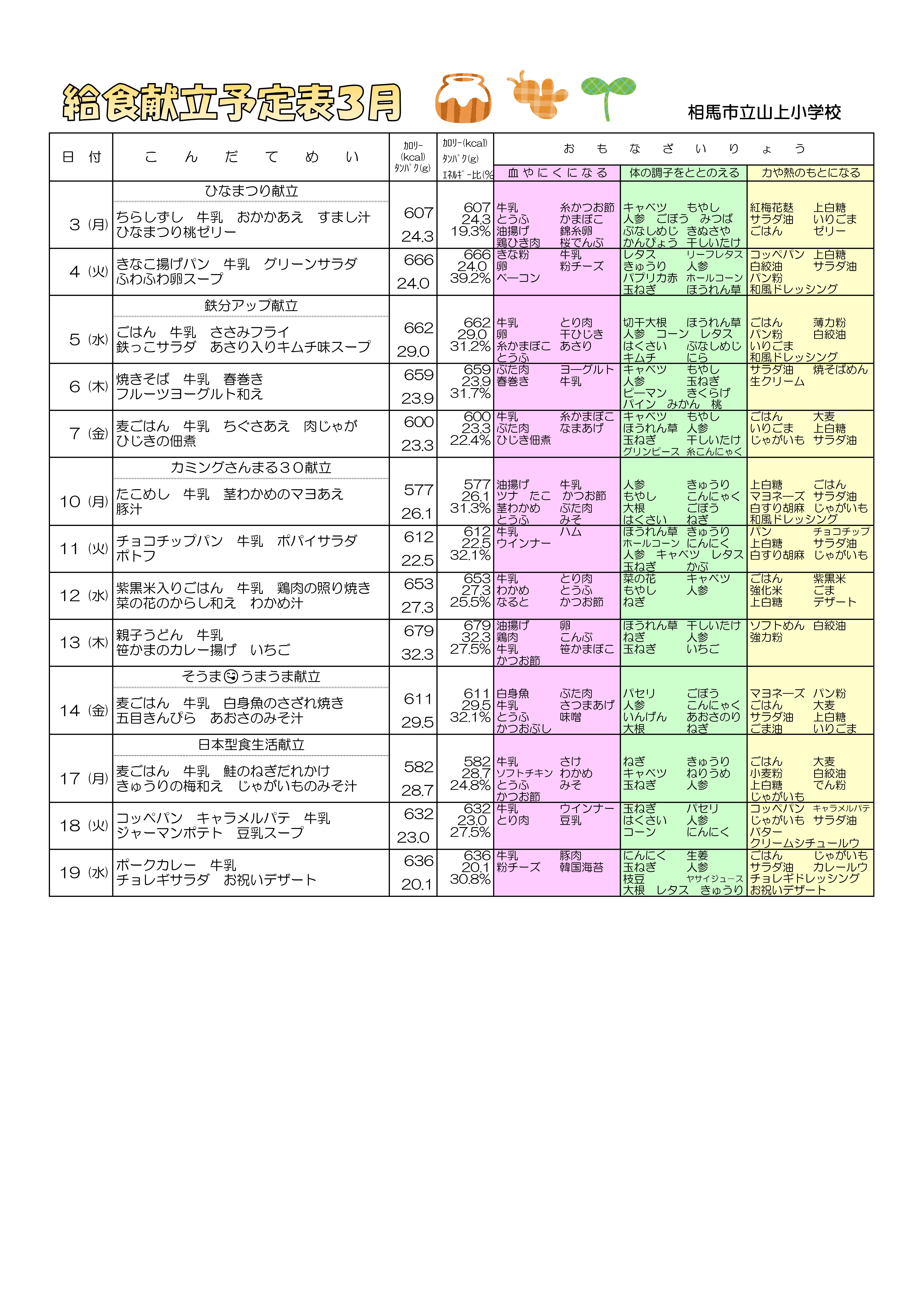 【山上小】給食献立予定表３月