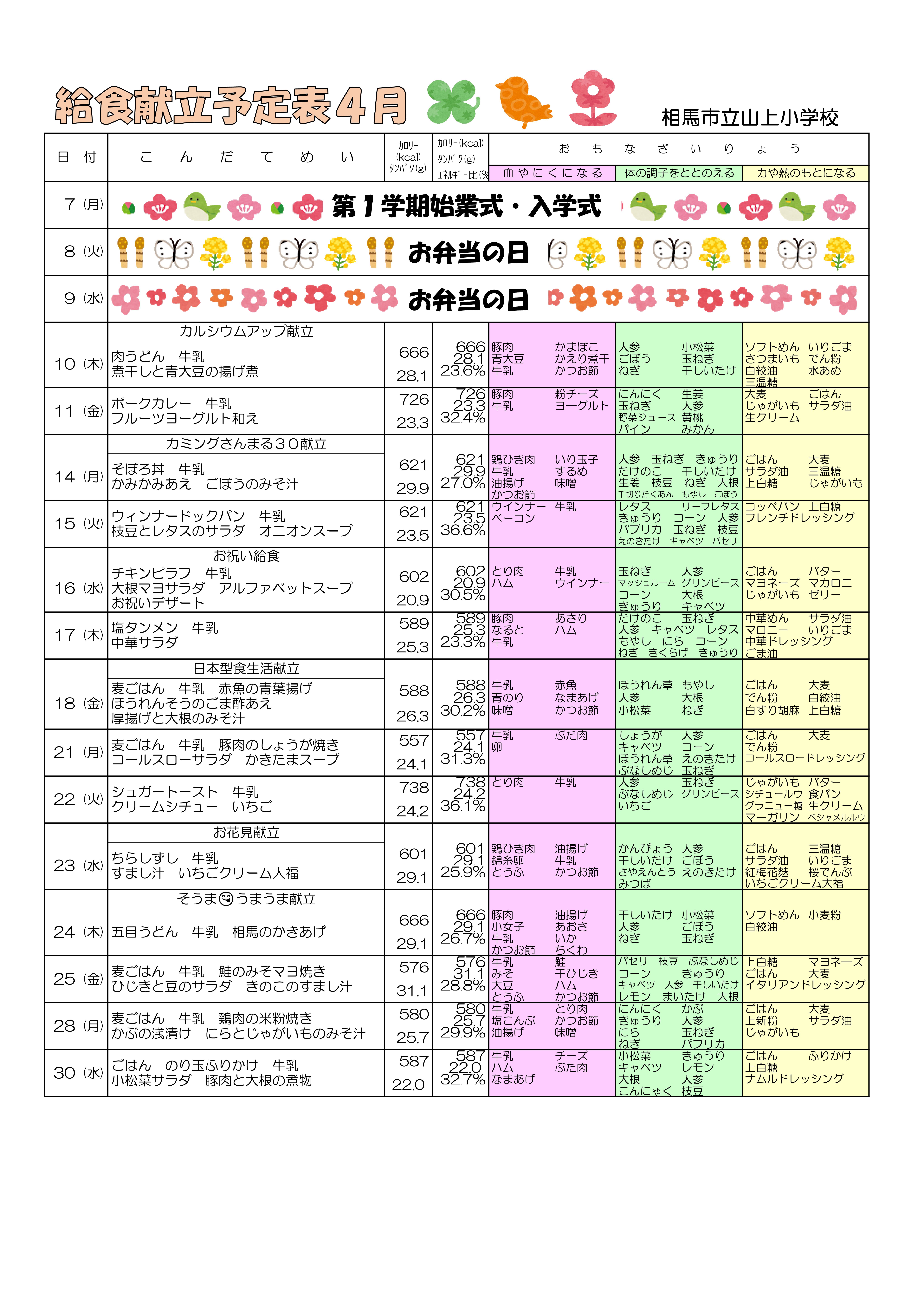 【山上小】献立予定表４月