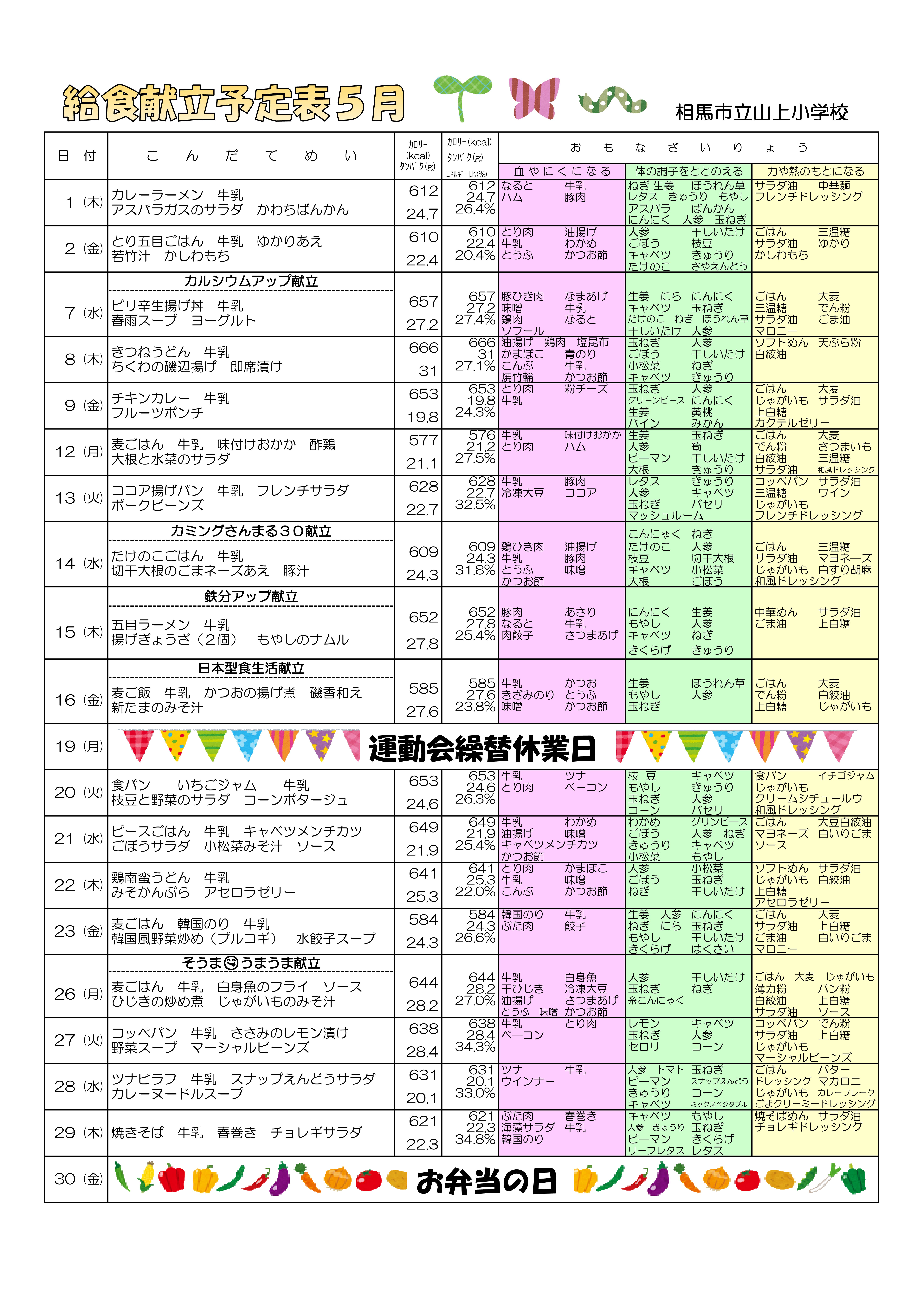 【山上小】給食献立予定表５月