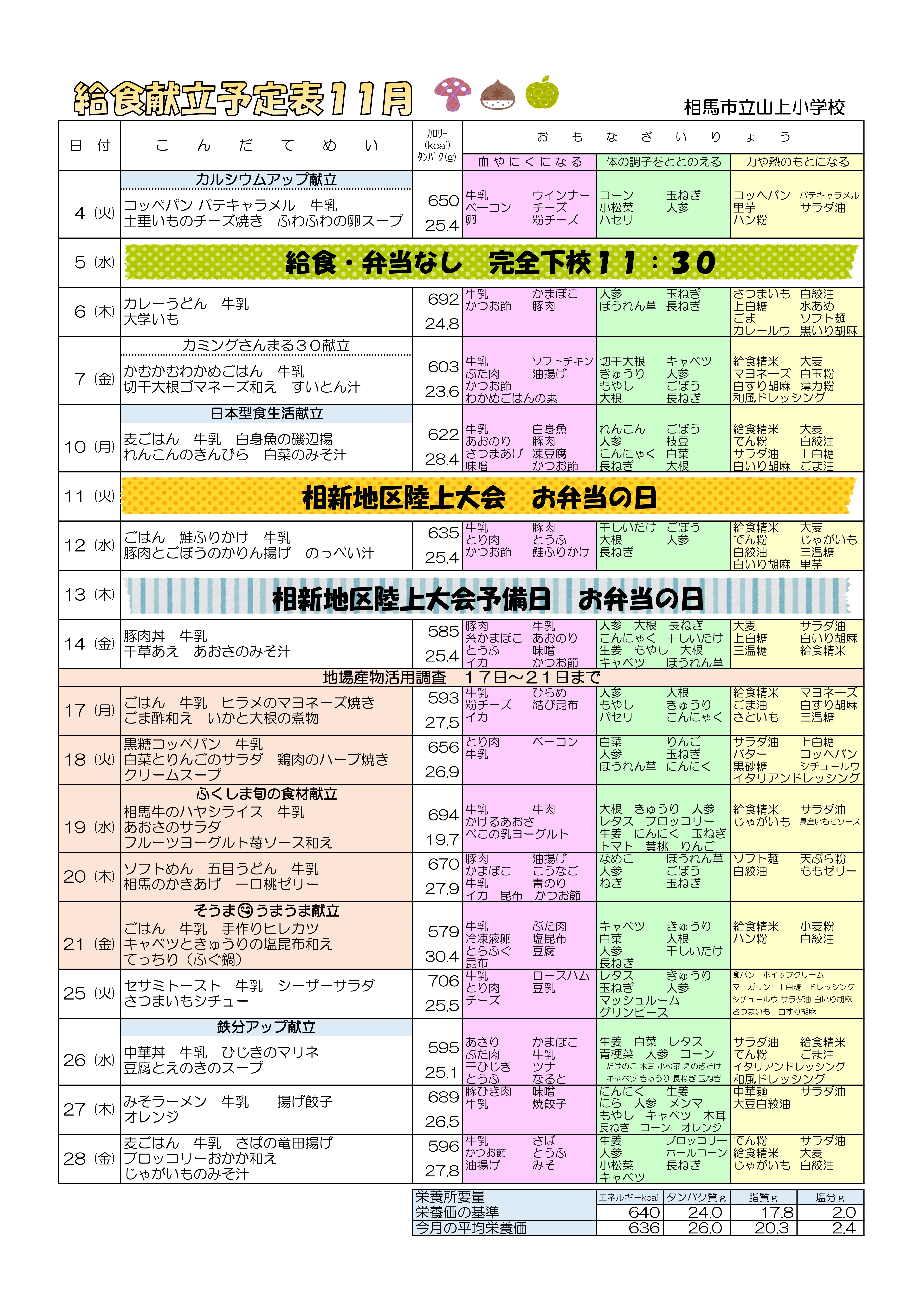 【山上小】給食献立予定表１１月